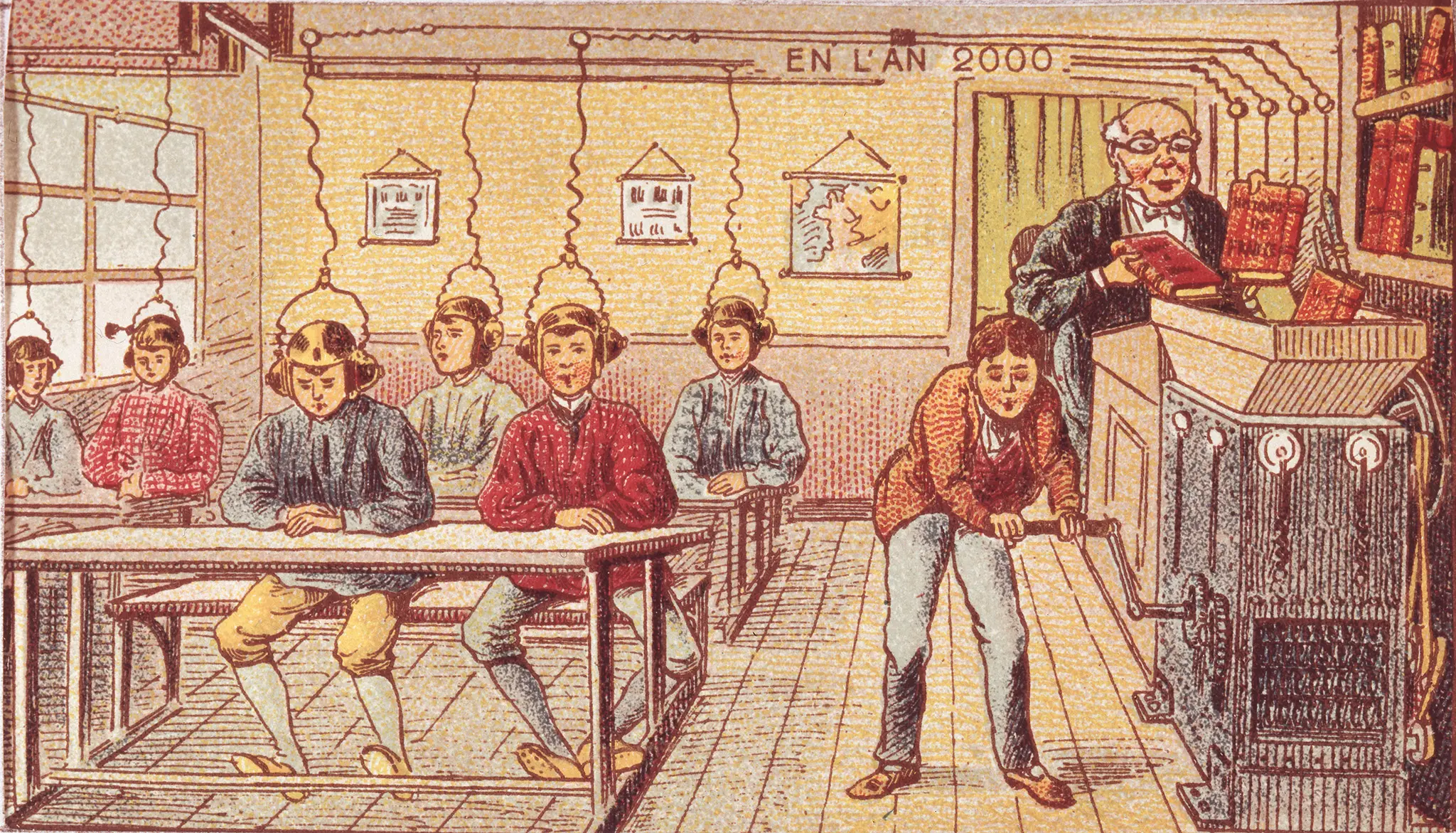 Radio in a school classroom in the year 2000 as imagined in 1900. A teacher feeds books into a machine that transfers the information via audio to the students' headphones.